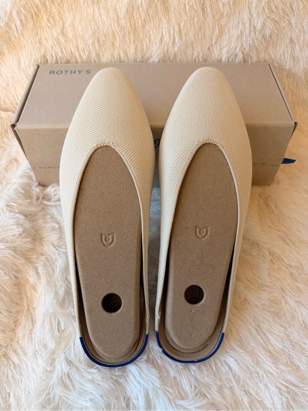 Rothy's Women's Pointed Toe Flats in Cream with Blue Trim